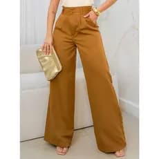 Calça Feminina Pantalona Alfaiataria Elegante Tendência Com Cinto Bolso Cintura Alta Disfarça BarrigaP M G