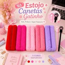Kit Estojo Escolar Pelúcia Bolsa Lápis Pelúcia  + 2 Canetas Divertidas Pinha de Gato