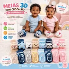 Kit 6/12 Bebê 3D Feminina com Chocalho Sininho Antiderrapante 0-2 Anos Menino Menina