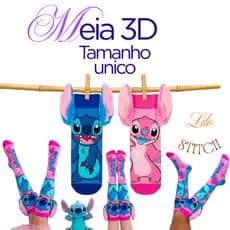 Meia 3/4 Stitch e Angel 3D Orelhas Pelúcia Tamanho 34-40 Meninas Meninos