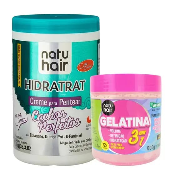 Kit Creme para Pentear Cachos Perfeitos 1kg + Gelatina 3 em 1 Modeladora de Cachos Natuhair 500g