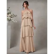 Vestido Elegante e Romântico de Convidado de Casamento Longo Maxi de Chiffon com Detalhe Franzido e Decote Halter Sólido