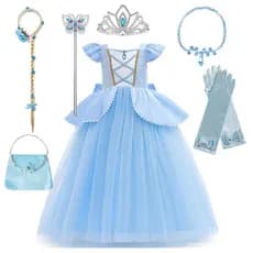 Cinderela Traje Menina Vestido De Princesa Azul Claro Vestidos De Manga Curta Para Festa De Aniversário Crianças Hallowe