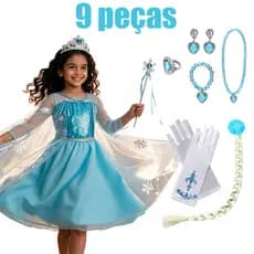 Conjunto De 9 Peças Frozen Elsa Vestido De Princesa De Luxo Festa De Aniversário Completo Com Acessórios
