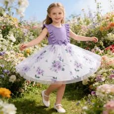 Crianças Verão Plissado Manga Malha Vestido De Princesa Meninas Roxo Festa De Aniversário