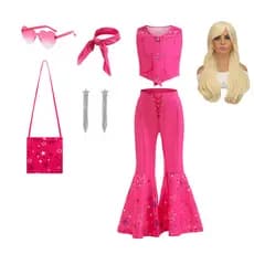 Crianças Carnaval Cosplay Traje Barbie Moda Terno Rosa Sem Mangas Topo + Calças flare + Cachecol