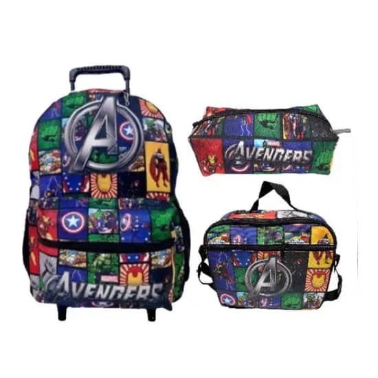 Kit mochila escolar avengers rodinha duas astes (vingadores) + toalinha