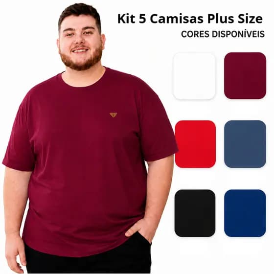 Kit 5 Camisetas Masculina 100% Algodão Gola Redonda Plus Size Camisa Gola O