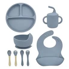 Kit Talheres bebê silicone 4/6/8 Peças Talheres Infantil Com Ventosa Canudo Colher Babador Garfo