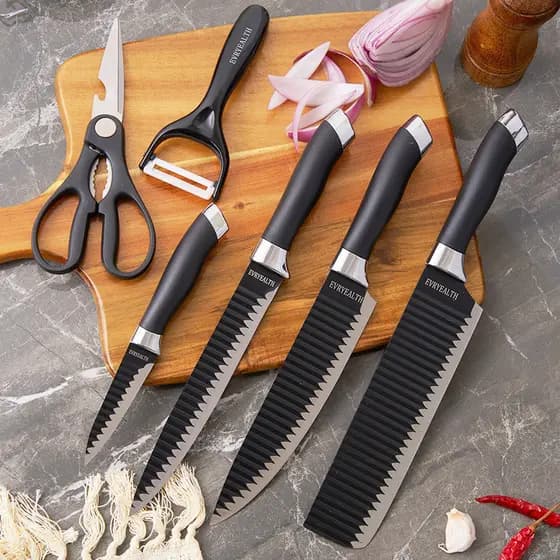 Kit de Conjunto Facas Coloridas/Pretos Tesoura Descascador Cozinha Gourmet 6 Peças