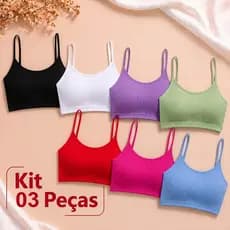 Kit 3 Top Canelado Feminino Academia Forro Duplo Sem Bojo Cores Sortidas Alcinha Fitness