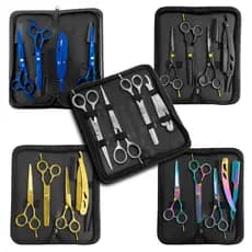 Kit Barbeiro 3 Tesouras Profissionais Fio Navalha Desfiadeira + Navalha de barbear + Case Estojo - Coloridas