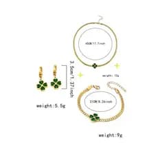 Conjunto Elegante de Brincos, Colar e Pulseira em Forma de Coração com Zircônia Esmeralda e Trevo de Quatro Folhas