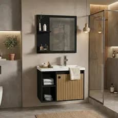 Conjunto Gabinete com Espelheira e Cuba para Banheiro 60cm BRAVIOS – Várias Cores – MDF/MDP