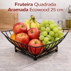 Fruteira Quadrada Aramada Ecowood 25 cm Frutas Base de Madeira