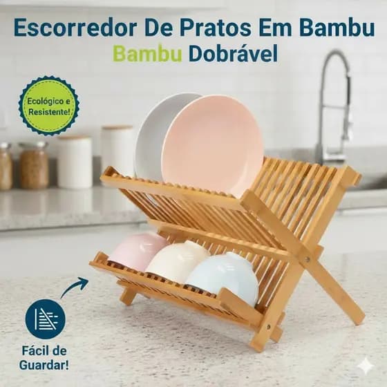Escorredor De Pratos 100% Bambu Dobrável Pratos Talheres Pia Cozinha Suporte