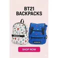 Mochila De Costa Escolar Personagens BT21 BTS K-Pop Original Com Zíper Alças Ajustáveis -Branca Azul