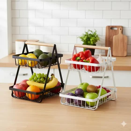 Fruteira de Mesa 33cm Cesta Frutas de Aramado 2 Andares Organizador Multiuso Cabo de Madeira