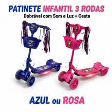 Patinete Infantil Criança 3 Rodas com Luz Led Som e Cesta Menino Menina até 35kg Presente Natal