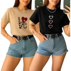 Kit 2  Camiseta  Básica Feminina Love Coração 100% Algodão Envio Imediato