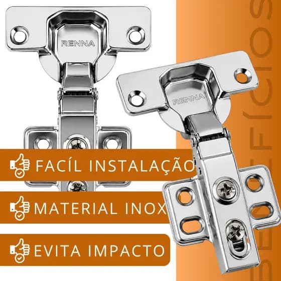 Kit 12 Dobradiças Retas 35mm Inox com Amortecedor Renna