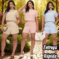 Conjunto Feminino Cropped e Shorts Cintura Alta com Bolso | Duna Linho P M G GG