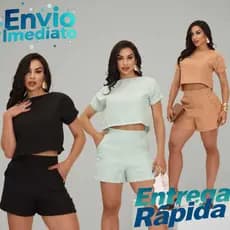 Conjunto Feminino Cropped e Shorts Cintura Alta com Bolso | Duna Linho P ao GG a Pronta Entrega.