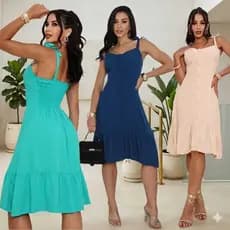 Vestido Feminino Midi forrada com Alça de amarrar Botões decorativos Ajustável Moda Casual Elegante