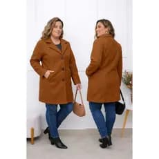 Casaco Feminino Plus Size Inverno Lã Batida | Casaco Quentinho Elegante Com Botões e Bolsos.
