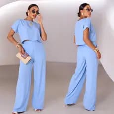 Conjunto Feminino Calça Pantalona Wide Leg Reta Elastico na Cintura Alta com Blusa Cropped M G.