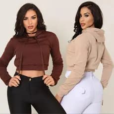 Blusa Cropped Moletom Poliester Franelada com Manga Longa e Capuz Moda Fitness Casual P ao GG.