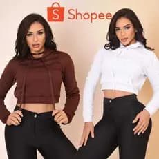 Blusa Cropped Feminina com Manga Longa e Capuz Moda Fitness Casual , Moletom Poliester Flanelado.