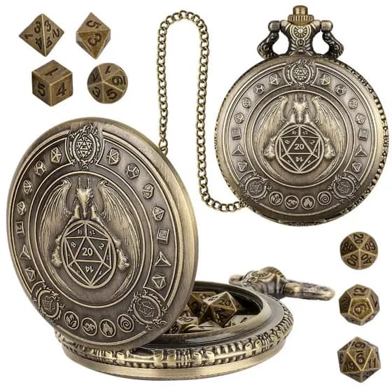 Conjunto de Dados de Metal Poliédrico Bronze, Minúsculo e Gravado com Asas de Dragão, Caixa de Relógio de Bolso com Cadeia para Masmorra, Jogo de Tabuleiro, Dragões, Pathfinder, D&D e RPG