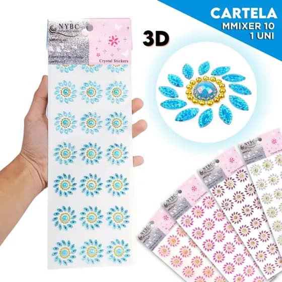 Cartela Adesiva com Pedrarias 3D MMIXER-10 Flor Cristal para Artesanato, Customização e Decoração