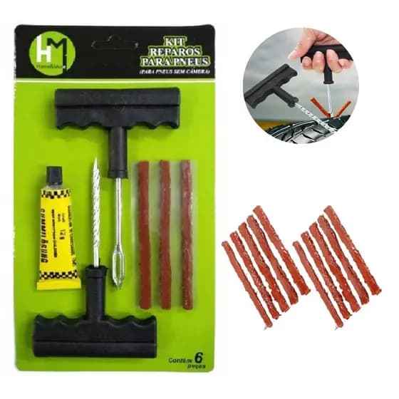 Kit Reparo Conserto Pneus sem Câmara Completo + 10 Refis para Reparos de Pneus