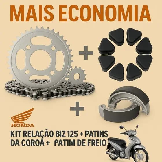 Kit Relação/Transmissão/Tração+Patins  Freio+Coxim Da Coroa Biz 110 (2016 Em Diante) Biz 125 Todas/PoP 100 2007 À 2015