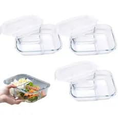 Conjunto Kit 3 Potes de Vidro Com Tampa Hermética 3 Divisórias 1 Litro Marmita Fitness Retangular