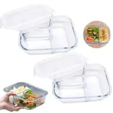 Conjunto Kit 2 Potes de Vidro Com Tampa Hermética 3 Divisórias 1 Litro Marmita Fitness Retangular