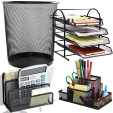 Kit Escritório Lixeira 4 Organizadores Porta Caneta Carta Papel Suporte 4 Bandejas Treco Home Office