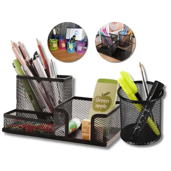 Kit Porta Caneta Lápis 3 Divisórias Organizador Mesa Escritório + Porta Caneta Home Office Mesa