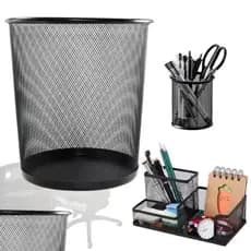 Kit Escritório Organizador Porta Caneta Lixeira 12 Litros de Metal Porta Treco 3 Divisórias Clips
