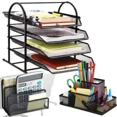 Kit 3 Organizadores de Mesa Escritório Porta Caneta Papel Carta Suporte 4 Bandejas Treco Home Office