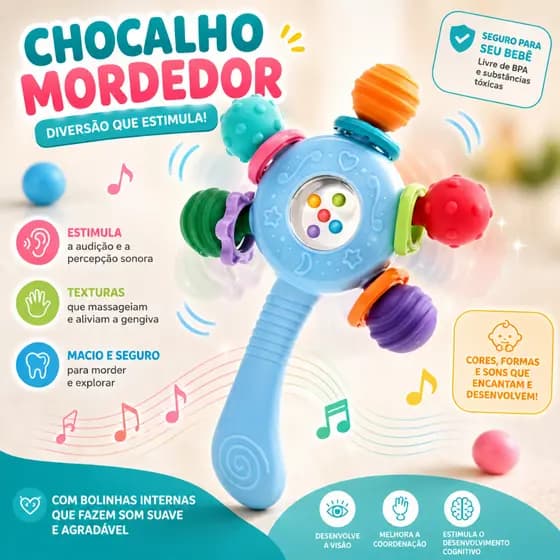 Chocalho Mordedor Bebê Mão Agarrando Brinquedo Colorido Para Carrinho E Berço