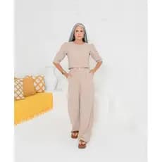 Conjunto Feminino Alfaiataria Calça Wide Leg e Blusa Manga 3/4 - Marielly