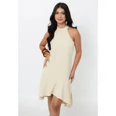 Vestido Midi Elegante com Gola Alta e Babado Assimétrico