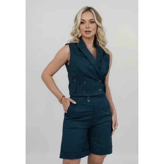 Conjunto Feminino Alfaiataria Colete E Bermuda Social