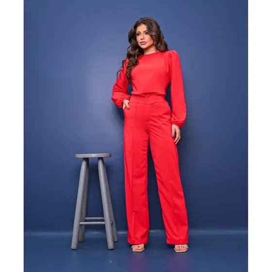 Conjunto Alfaiataria Calça Wide leg e Blusa Manga Longa em Crepe Larissa - Selena