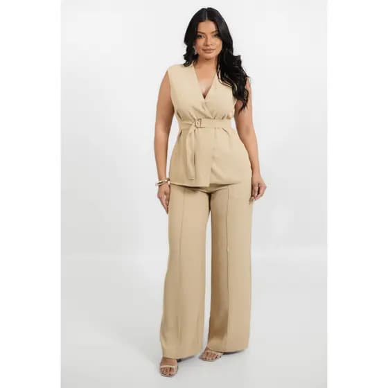 Conjunto Feminino Social Elegante Regata Transpassada com Cinto e Calça Pantalona - Virginia