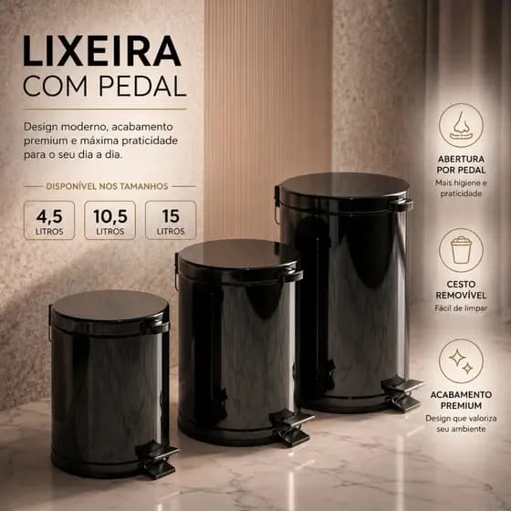 Lixeira Cozinha Banheiro Preta 10,5 Litros Escritório Com Tampa Pedal e Cesto Interno Removível