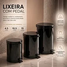 Lixeira Cozinha Banheiro Preta 10,5 Litros Escritório Com Tampa Pedal e Cesto Interno Removível